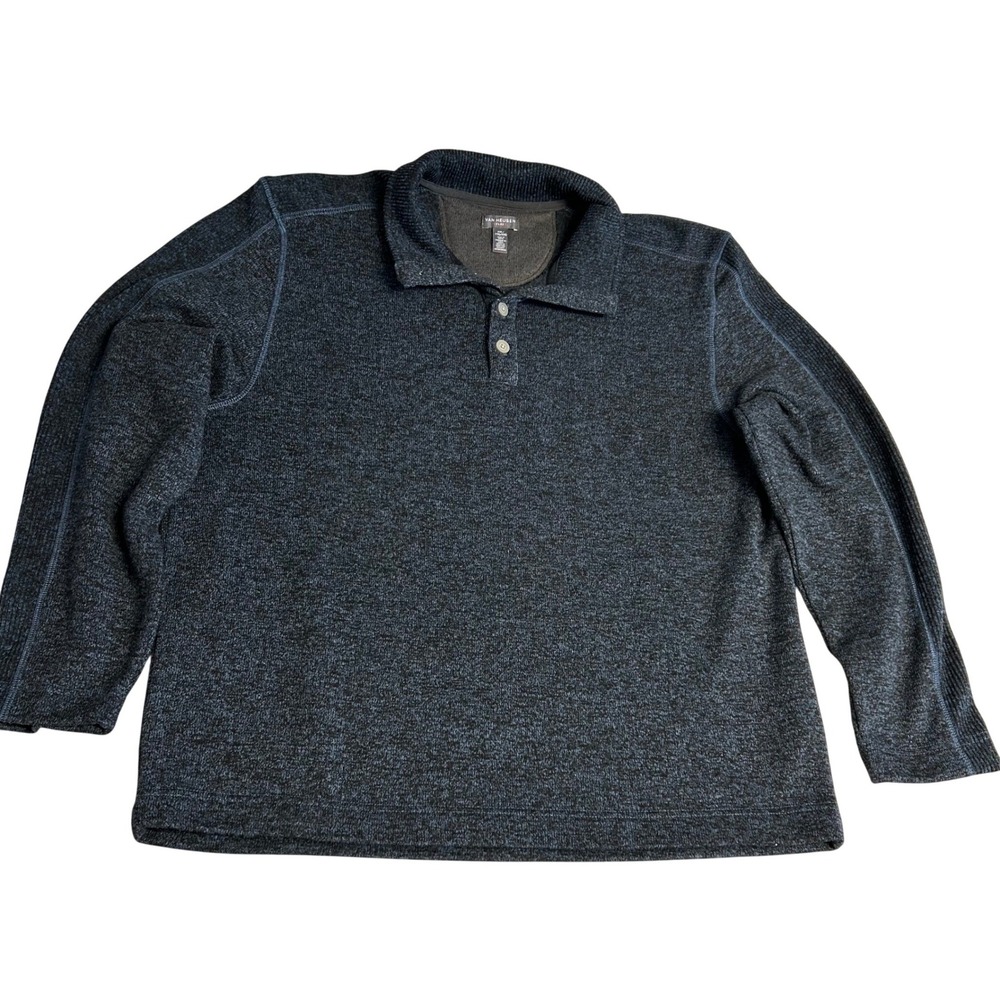 Van Heusen Mens Sweater XXL Blue Black Marled Knit Long Sleeve Button Polo Flex